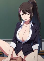 ai_generated anime chabashira_sae classroom classroom_of_the_elite cowgirl_position large_breasts ranwai school_uniform sex stable_diffusion youkoso_jitsuryoku_shijou_shugi_no_kyoushitsu_e