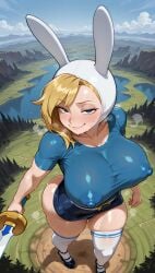 1girls above_view adventure_time ai_generated areolae big_ass big_breasts big_thighs blonde_hair blue_eyes blue_shirt cartoon_network curvy curvy_ass curvy_body curvy_female curvy_figure curvy_hips curvy_thighs day daytime erect_nipples eyebrows eyelashes female fionna_and_cake fionna_the_human_girl fully_clothed heels hi_res high_resolution highres holding holding_sword huge_ass huge_breasts huge_thighs large_breasts looking_at_viewer massive_ass massive_breasts nipples outdoors outside platform_heels shirt skirt smug solo stable_diffusion standing steam steaming_body stockings sweat sweatdrop sweating sweaty sweaty_ass sweaty_body sweaty_breasts sweaty_thighs sword synthneon thick_ass thick_thighs tight_clothing visible_areolae visible_nipples