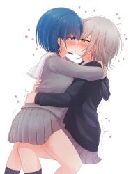 2girls anime_style blue_eyes blue_hair blush chiaki_himanagi gray_hair green_eyes heart hinomori_shiho hugging kiritani_haruka kissing love miyamasuzaka_girls'_academy_school_uniform more_more_jump!_(project_sekai) multiple_girls project_sekai skirt yuri