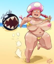 1girls 1other barefoot beach being_chased big_breasts big_thighs bikini box_chan breasts chain_chomp chubby fear female female_focus huge_breasts huge_thighs humanoid large_breasts large_thighs light-skinned_female light_skin mario_(series) mushroom_humanoid nintendo nipple_slip nipples no_nose open_mouth pink_hair pink_nipples running_away slightly_chubby thick thick_hips thick_thighs thighs toadette twintails wide_hips yellow_bikini