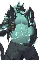 abs anthro blue_body bottomwear canid canid_demon canine canis cerberus cerberus_(fortnite) claws clothed clothing demon epic_games fortnite greek_mythology hand_in_pants hellhound hi_res himbo humanoid male male_only mammal multi_head muscular no_shirt no_underwear pants pants_only pecs sharp_teeth shenqimmm shirtless shirtless_male solo teeth v-line wolf