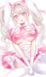 alice_(nikke) blush breasts bunny_ears bunnysuit covering_pussy cute cute_expression cute_face female goddess_of_victory:_nikke haruri light_pink_hair maid maid_apron maid_headdress maid_outfit maid_uniform pink_eyes pink_nipples tagme twintails