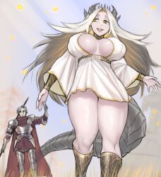 amber_eyes ancient_dragon_lansseax anthro big_breasts boob_window canon_couple dragon elden_ring fromsoftware holding_hands horn horns human_form knight muscular_female scas size_difference standing tail vyke_(elden_ring) white_hair