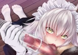 chocomint725 fate/grand_order fate_(series) feet female grey_hair highres jeanne_d'arc_alter_(fate) kissing_penis lipstick_mark looking_at_viewer maid maid_headdress penis thighhighs vacuum_cleaner yellow_eyes