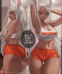 1girls ass big_ass big_butt bunny_ears bunny_tail dark-skinned_female dark_skin foonie_xd hooters hooters_uniform large_ass looking_at_viewer miruko my_hero_academia navel red_eyes rumi_usagiyama sideboob solo solo_focus text text_bubble thick_thighs thighs white_hair wide_hips