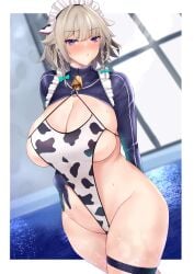 absurdres animal_ears animal_print bell blush braid breasts cleavage cow_ears cow_print female groin highres impossible_clothes izayoi_sakuya large_breasts looking_at_viewer maid_headdress one-piece_swimsuit parted_lips platinum_blonde_hair pool purple_eyes sakuya_izayoi shrug_(clothing) sinkai solo sweat swimsuit thigh_strap touhou