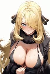 ai_generated black_bra black_dress blonde_hair bra cynthia_(pokemon) gray_eyes hair_ornament large_breasts long_hair nintendo open_clothes pokemon pokemon_bdsp pokemon_dppt solo sweat sweating sweaty_body sweaty_breasts sweaty_face very_long_hair