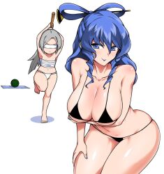 2girls bad_id bad_twitter_id big_penis bikini black_bikini blindfold blue_eyes blue_hair blue_lips blue_nails breasts cleavage collarbone drill_hair food fruit fuantei fundoshi grey_hair hair_ornament hair_rings hair_stick huge_breasts japanese_clothes kaku_seiga large_breasts long_hair mature_female micro_bikini milf moments_before_disaster mononobe_no_futo multiple_girls nail_polish navel older_female ponytail raised_eyebrows sarashi stance stick suikawari swimsuit touhou watermelon