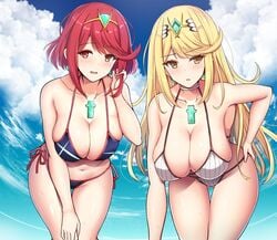 2girls bent_over bikini black_bikini blonde_hair blush breasts choker cleavage cloud collarbone commentary_request duplicate earrings feet_out_of_frame gluteal_fold hand_on_own_ass hand_on_own_knee hanging_breasts highres jewelry large_breasts long_hair looking_at_viewer matching_hair/eyes multiple_girls mythra nintendo noeomi open_mouth pyra red_eyes red_hair short_hair side-tie_bikini skindentation sky smile smiling swimsuit thigh_gap thighs tiara wet white_bikini xenoblade_(series) xenoblade_chronicles_2 yellow_eyes