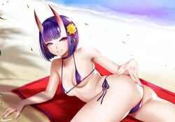 1girls alternate_version_available ass beach bikini breasts cleavage dat_ass easonx fate/grand_order fate_(series) female female_only looking_at_viewer looking_back shuten_douji_(fate) solo thong thong_bikini