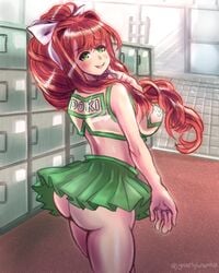 1girls ass big_ass big_breasts bubble_ass bubble_butt cheerleader cheerleader_uniform doki_doki_literature_club female female_only gnarlybramble green_eyes green_skirt hair_ribbon high_resolution large_breasts locker_room long_hair miniskirt monika_(doki_doki_literature_club) pale-skinned_female pale_skin ponytail sideboob standing thick_ass thick_thighs thighs very_long_hair