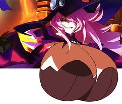 blazblue blazblue:_central_fiction breasts edit edited female female_focus female_only gigantic_breasts gloves grin hair huge_breasts konoe_a_mercury looking_at_viewer naughty_face nine_the_phantom pink_hair redwizard solo teeth very_long_hair yellow_eyes