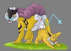 animal_genitalia animal_penis balls canine_penis eeveelution fan_character feral fur genitals hi_res jolt_(wm149) jolteon knot legendary_pokémon male male/male nagatsun nintendo penis pokémon_(species) pokemon raikou sheath size_difference stomach_bulge tongue tongue_out video_games yellow_body yellow_fur