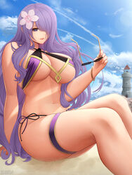 1girls alternate_costume beach big_breasts bikini camilla_(fire_emblem) curvy eyewear_removed female fire_emblem fire_emblem_fates flower flower_in_hair huge_breasts large_breasts lighthouse lips long_hair looking_at_viewer mature_female nintendo one_eye_covered purple_eyes purple_hair small_bikini smile solo solo_female string_bikini sunglasses sunglasses_removed swimsuit tower very_long_hair voluptuous wavy_hair white_flower zaphn