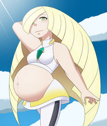 1girls aether_foundation breasts female female_only huge_belly looking_at_viewer lusamine_(pokemon) pokemon pokemon_sm pregnant ready_to_pop solo superllama