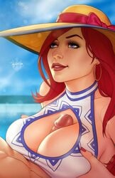 1boy 1girls 2020 big_breasts blue_eyes breasts cleavage erection eye_contact faceless_male female large_breasts league_of_legends light-skinned_female light_skin male miss_fortune paizuri paizuri_under_clothes penis pool_party_miss_fortune pool_party_series riot_games straight tagovantor titfuck titjob