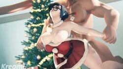 1boy 1girls 3d alternate_costume animated bell_collar big_breasts bouncing_breasts christmas_outfit christmas_tree female from_behind glasses hair_ornament kreamu large_breasts mei_(overwatch) muscular_male overwatch rough_sex source_filmmaker
