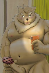 2020 anthro belly blush canid canine canis domestic_dog erection genitals hi_res humanoid_genitalia humanoid_hands humanoid_penis kemono kiyo male male_only mammal masturbation moobs nipples overweight overweight_anthro overweight_male penis phone solo