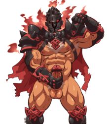 1boy 41raco abs armor bar_censor bara censored chest chest_hair chest_harness cowboy_shot erection fire glowing glowing_eyes helmet highres kirupi male male_focus male_masturbation male_only male_pubic_hair masturbation muscles muscular muscular_male nipples nude pectorals penis pubic_hair red_eyes revealing_clothes simple_background solo surtr_(tokyo_afterschool_summoners) testicles thick_thighs thighs tokyo_afterschool_summoners tokyo_houkago_summoners