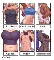 2d 6girls abs absurdres asura_(artist) big_breasts breasts brigitte captain_mizuki chubby cleavage crossover dark-skinned_female dark_skin dumbbell_nan_kilo_moteru? elf-san_wa_yaserarenai fate/zero fate_(series) female female_abs female_only highres huge_breasts hundred_face_hassan large_breasts miruko muscles muscular muscular_female my_hero_academia oga one-punch_man overwatch rumi_usagiyama sakura_hibiki shirt_lift six_fanarts_challenge sweat