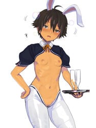 2equal8 ? ahoge animal_ears black_hair blush breasts bunny_ears champagne_flute cup dream_c_club dream_c_club_(series) drinking_glass drunk female hand_on_hip highres meme_attire nao_(dream_c_club) nose_blush puffy_short_sleeves puffy_sleeves pussy revealing_clothes reverse_bunnysuit reverse_outfit short_hair short_sleeves small_breasts solo thighhighs tomboy tray very_short_hair white_background