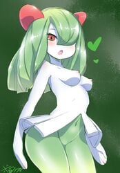 anthro belly belly_button big_breasts blush born-to-die dress green_hair heart-shaped_pupils horns kirlia navel open_mouth perky_breasts petite pokémon_(species) pokemon pokemon_(species) red_eyes thick_thighs white_skin wide_hips