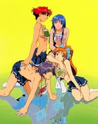 4girls 90s all_fours annue_(viper) armpits back betty_(viper) blue_eyes blue_hair blue_panties bow breasts brown_eyes brown_hair character_name cleavage clothing crea_(viper) daniel_(viper) eyebrows_visible_through_hair feet female female_only freckles full_body gradient_background green_background green_eyes hair_ribbon highres kneeling leaning_to_the_side long_hair long_ponytail matching_hair/eyes matsutake_tokuyuki medium_breasts multiple_girls navel negative official_art panties panty_peek pleated_skirt ponytail purple_hair red_hair reflection ribbon short_hair sign skirt skirt_pull small_breasts smile socks sogna standing thighs tied_hair unbuttoned underwear viper_(series) viper_v8 yellow_background