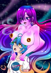 2girls big_breasts breasts_on_head cold earrings earth-chan female female_only light-skinned_female light_skin multicolored_eyes multicolored_hair pasties pink_skin polar_vortex-chan source_request unknown_artist