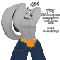 1:1 1boy alpha_channel anthro balls belt briefs bulge canid canine canis caught_off_guard clothing collar dialogue fur genitals hair lgbt_pride_colors male male_only mammal muscular muscular_anthro muscular_male notkastar orange_underwear pants_down partially_clothed pride_colors rainbow shirt signature solo text topwear tuft underwear undressing wolf zatch_(character)