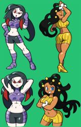 2girls ass black_hair blue_eyes breasts chocolate_and_vanilla dahlia_(pokemon) dark-skinned_female dark_skin fortunia_(pokémon) frontier_brain gym_clothes hair_ornament latina long_hair lucy_(pokemon) midriff muscles navel pokemon pokemon_dppt pokemon_rse purple_clothing red_eyes shenaniganza tummy white_skin yellow_clothing