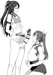 1futa 1girls absurdres blush censored erection female fingerless_gloves flat_chest futa_on_female futa_sans_balls futa_with_female futanari gloves hair_ribbon highres japanese_clothes kantai_collection katsuragi_(kantai_collection) large_penis long_hair monochrome multiple_girls open_mouth pelvic_curtain penis penis_awe pointless_censoring ponytail ribbon skirt skirt_lift sweat takaman_(gaffe) twintails zuikaku_(kantai_collection)