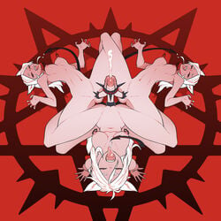 3futas animal_ears breasts cerberus_(helltaker) closed_eyes cock_ring cum demon demon_girl demon_horns demon_tail dog_ears ejaculation erection eyes_closed frottage futa_only futanari hands-free handsfree_ejaculation helltaker highres long_hair medium_breasts multiple_futa nipple_piercing nipples nude open_mouth penis penises_touching pentagram piercing projectile_cum red_background spiked_cock_ring tail tailbox testicles tongue tongue_out triplets uncensored white_hair xbost