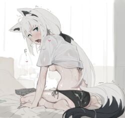 ahoge animal_ear_fluff animal_ears ass barefoot bed_sheet black_panties blue_eyes blush breasts commentary_request cum cum_on_clothes eyebrows_visible_through_hair feet female fox_ears fox_girl fox_tail from_behind green_eyes hair_between_eyes heavy_breathing highres hololive hololive_gamers hololive_gen_1 hololive_japan indoors kemonomimi kitsune kujira_pasta long_hair looking_at_viewer looking_back nipples on_bed open_mouth panties pillow shirakami_fubuki shirt short_sleeves side-tie_panties sitting small_breasts solo sweat tail trembling underwear virtual_youtuber wariza white_hair white_shirt