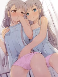 2girls bangs bare_arms bare_shoulders blue_camisole blue_eyes blush bow bow_panties braid breast_grab breasts brown_eyes camisole closed_mouth clothing collarbone commentary_request earrings eyebrows_visible_through_hair fingering fingering_partner frilled_camisole frills grabbing grabbing_from_behind grey_hair hand_in_another&#039;s_panties hand_in_panties hands_up highres hisakawa_hayate hisakawa_nagi idolmaster idolmaster_cinderella_girls incest indoors jewelry long_hair multiple_girls nose_blush panties pink_panties seneto siblings sisters small_breasts smile standing twincest twins underwear underwear_only v-shaped_eyebrows very_long_hair wavy_mouth yuri