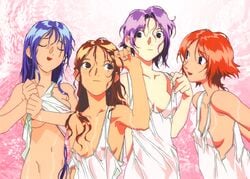 4girls 90s annue_(viper) areola_slip areolae armpits betty_(viper) blue_eyes blue_hair breasts brown_eyes brown_hair camisole cleavage closed_eyes clothing crea_(viper) daniel_(viper) dress erect_nipples erect_nipples_under_clothes eye_contact eyebrows_visible_through_hair female female_only freckles highres long_hair looking_at_another looking_at_each_other loose_clothes matching_hair/eyes matsutake_tokuyuki medium_breasts multiple_girls navel nipple_bulge nipples_visible_through_clothing official_art open_mouth pink_background purple_eyes purple_hair red_hair see-through see-through_clothing short_hair sideboob sleeveless small_breasts smile sogna standing tank_top underboob upper_body viper_(series) viper_v8 water wet wet_clothes wet_hair white_dress