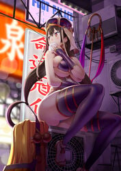 ass big_ass bikini_top curvy dark_hair earring eating fate/grand_order fate_(series) hoop_earrings huge_breasts large_breasts orange_eyes sitting staff thick thick_thighs thighhighs uo_denim xuanzang_(fate)