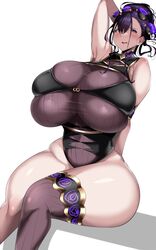 armpits big_ass big_breasts blushing breast_squeeze breasts_bigger_than_head breasts_bigger_than_torso bursting_breasts curvy fate/grand_order fate_(series) hand_behind_head huge_breasts huhuhunohuman hyuuman mouth_open murasaki_shikibu_(fate) murasaki_shikibu_(swimsuit_rider)_(fate) purple_eyes purple_hair thick_as_fuck thighhighs thighs tight_clothing too_small_clothes uncontainable_breasts white_background