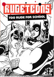 2020 4girls ass barbara_gordon batgirl batgirl_(cassandra_cain) batgirl_(stephanie_brown) batman_(series) batwoman being_watched black_and_white breasts cassandra_cain cover dc dc_comics drool exposed_breasts eyelashes fingering fingering_ass kate_kane lesbian looking_at_viewer monochrome nipples open_mouth pleasure_face pubic_hair pussy rudetoons shirt_lift shocked superheroine white_background yuri