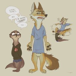 1:1 2020 2020s anthro anthro_on_anthro balls barefoot blue_eyes bottomless bottomwear brown_background brown_body brown_fur canid canine canis cheek_tuft claws clothed clothing countershade_torso countershading coyote dialogue english_text eyes_mostly_closed eyewear facial_scar facial_tuft fellatio fur furniture genitals glasses hands_in_pockets head_tuft hoodie inner_ear_fluff interspecies lutrine male male/male mammal moses_(samur_shalem) mustelid narrowed_eyes neck_tuft oral otterly_(character) pawpads penile pockets purple_eyes samur_shalem scar sex shirt shorts signature simple_background sitting size_difference sofa speech_bubble t-shirt tan_body tan_fur text toe_claws tongue tongue_out topwear tuft white_body white_countershading white_fur