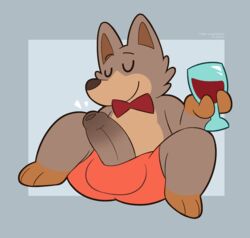 alcohol anthro beverage birdvian bottomwear bow_tie bulge canid canine closed_eyes clothing facebook facebook_fox facebook_foxes facebook_stickers foreskin fox genitals hi_res male male_only mammal penis shorts simple_background smile solo spread_legs spreading uncut wine wine_glass