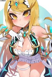 1girls bangs bare_legs bare_shoulders big_breasts blonde_hair blush breasts chest_jewel cleavage cleavage_cutout clothing_cutout dress elbow_gloves envelope female female_focus female_only gloves hikari_(xenoblade_2) jewelry jtveemo large_breasts legs letter long_hair looking_at_viewer matching_hair_and_eye_color mythra nintendo short_dress simple_background skindentation smash_ball smash_invitation smile solo super_smash_bros. swept_bangs thigh_strap tiara very_long_hair white_dress white_gloves xenoblade_(series) xenoblade_chronicles_2 yellow_eyes