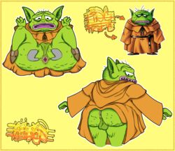 anus ass backsack balls border cellulite clothing dragon_quest footwear genitals ghost_hands green_body green_skin hair hand_on_butt havenstinkman humanoid king_trode looking_at_viewer male male_only open_mouth overweight overweight_humanoid overweight_male presenting presenting_anus presenting_hindquarters robe shoes simple_background solo spread_butt spreading surprise