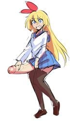 1futa blonde_hair blue_eyes blush borvar bow clenched_teeth clothed clothing embarrassed erection_under_skirt futa_sans_balls futanari hair hair_ornament huge_cock kirisaki_chitoge knees_together_feet_apart long_hair mostly_clothed nisekoi pale_skin partially_clothed skirt skirt_pull small_breasts solo solo_futa thighhighs wide_eyed