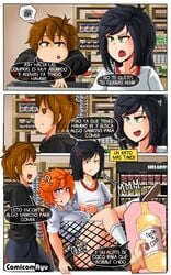 1boy 2girls black_hair blue_eyes brown_eyes brown_hair comic comic_page comicomryu dressed green_eyes huge_breasts janice_(comicomryu) orange_hair original ryumxr spanish_text supermarket tagme text_bubble toretto_(comicomryu) translated