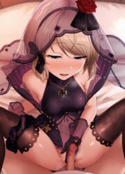 1boy aoi_tiduru azur_lane bangs bare_shoulders black_dress black_gloves black_legwear black_panties black_veil blue_eyes blush breasts bridal_veil censored commentary_request covered_navel dress eyebrows_visible_through_hair female flower frilled_dress frills gloves half-closed_eyes heavy_breathing imminent_sex imminent_vaginal indoors iron_cross jewelry medium_breasts mosaic_censoring necklace nose_blush on_bed open_mouth panties panties_around_one_leg penis pov pussy pussy_juice_stain red_flower red_rose rose see-through short_hair solo_focus spread_legs spread_pussy sweat thighhighs turtleneck_dress underwear veil wedding_dress z23_(azur_lane) z23_(schwarze_hochzeit)_(azur_lane)