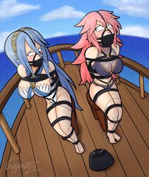 angry arms_behind_back arms_tied azura_(fire_emblem) bare_legs big_breasts blue_hair blush boat bondage breasts chained_to_weight chained_together chains chair cleavage female femsub fire_emblem fire_emblem_fates gag gagged gagmanzx long_hair mouth_gag multiple_girls multiple_subs nintendo pink_eyes pink_hair restrained rope_bondage sea see-through ship skimpy skimpy_clothes soleil_(fire_emblem) tied_up