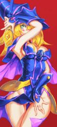 areola_slip areolae arm_up armpits ass_visible_through_thighs blonde_hair blush blush_stickers dark_magician_girl duel_monster female green_eyes helmet highres labombardier! long_hair looking_at_viewer pinup red_background simple_background solo staff thigh_gap yu-gi-oh! yu-gi-oh!_duel_monsters yuu-gi-ou yuu-gi-ou_duel_monsters