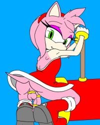 1boy 2d 2d_(artwork) amy_rose andy_rose balls boots cock_ring dress eyeshadow femboy genderswap_(ftm) hairband hammer looking_back makeup male penis rule_63 simple_background solo solo_male sonic_(series) squatting