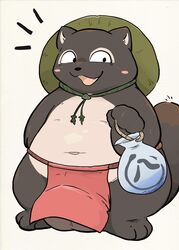 2020 absurd_res anthro asian_clothing balls belly big_balls blush brown_body brown_fur canid canine clothing east_asian_clothing fundoshi fur genitals hat headgear headwear hi_res japanese_clothing kemono male male_only mammal overweight overweight_anthro overweight_male raccoon_dog simple_background solo tanuki tinntira underwear