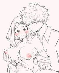 breast_grab breast_hold breasts grchloex katsuki_bakugou my_hero_academia nipple_tweak nipples ochako_uraraka undressing_another